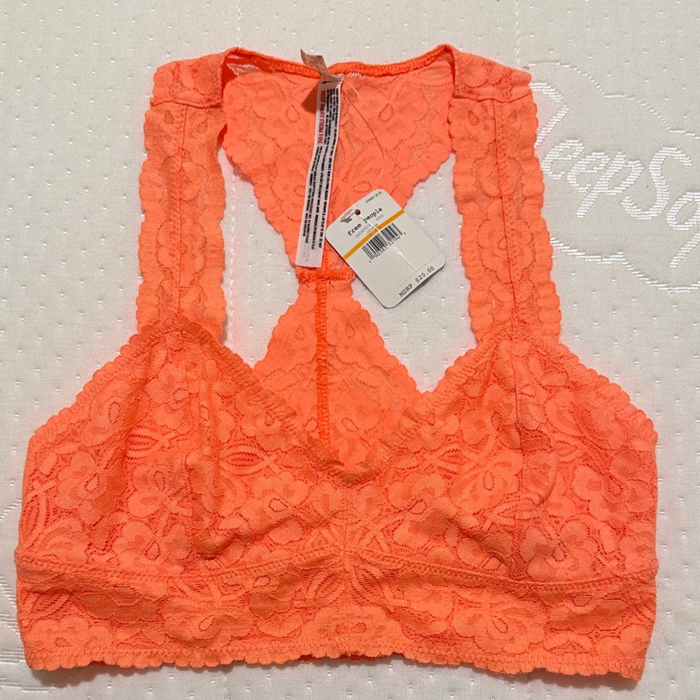 NWT Free people Neon Coral Lace Racerback Bralette - size S
